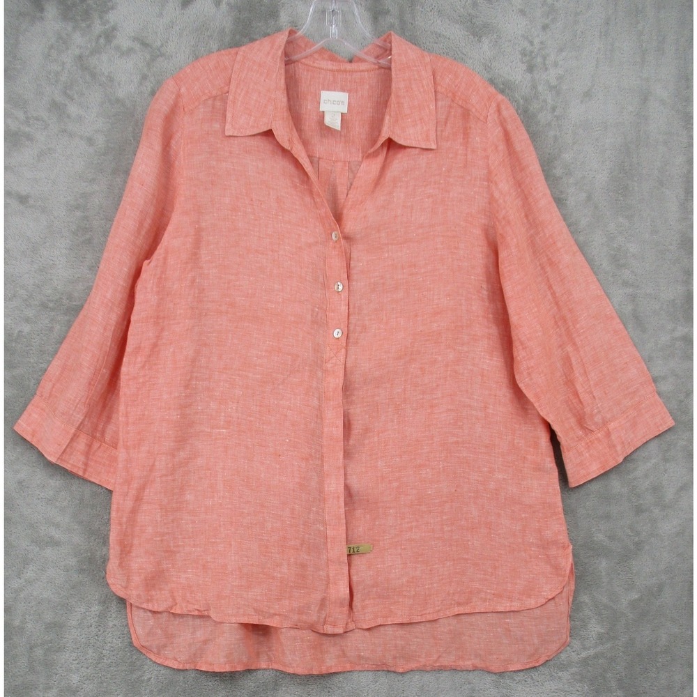 Chicos Blouse 2 US Large Linen Button Down High Low Hem Boho Relaxed Peach Pink